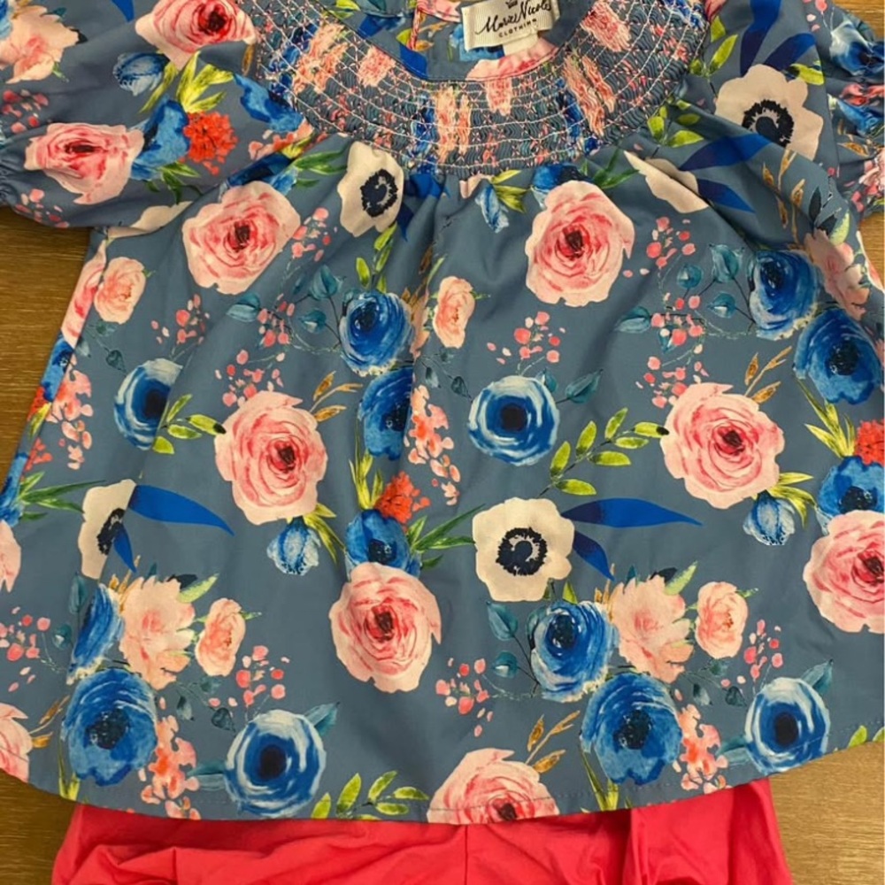 Smocked swing top blue and Pink Floral Blouse